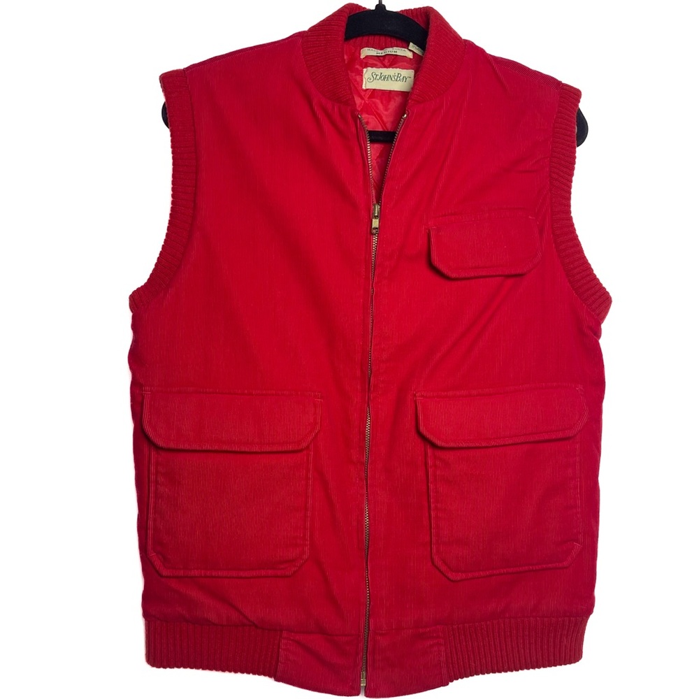 Vintage St. John’s Bay Red Corduroy Cargo Puffer Vest M Utility‎ Pockets Soft